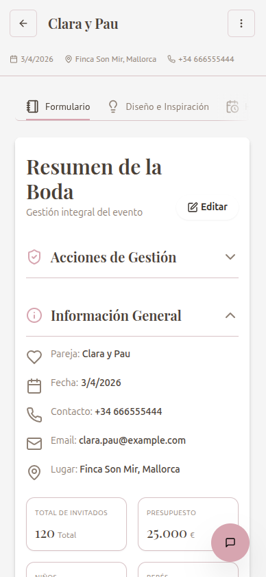 Resumen de boda en móvil - Vista general del evento