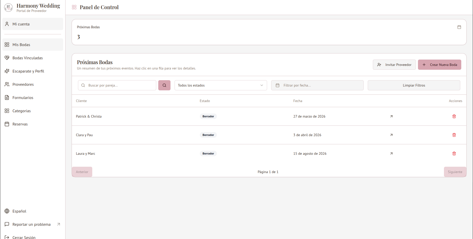 Dashboard de Harmony Wedding - Panel de control intuitivo para gestión de bodas